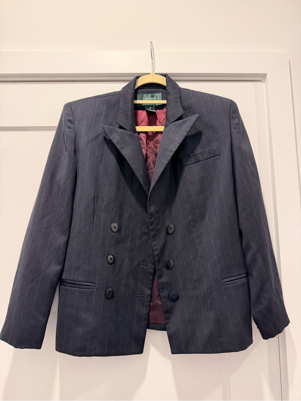 Ralph Lauren Navy Pinstripe Double-Breasted Blazer with Burgundy Lining